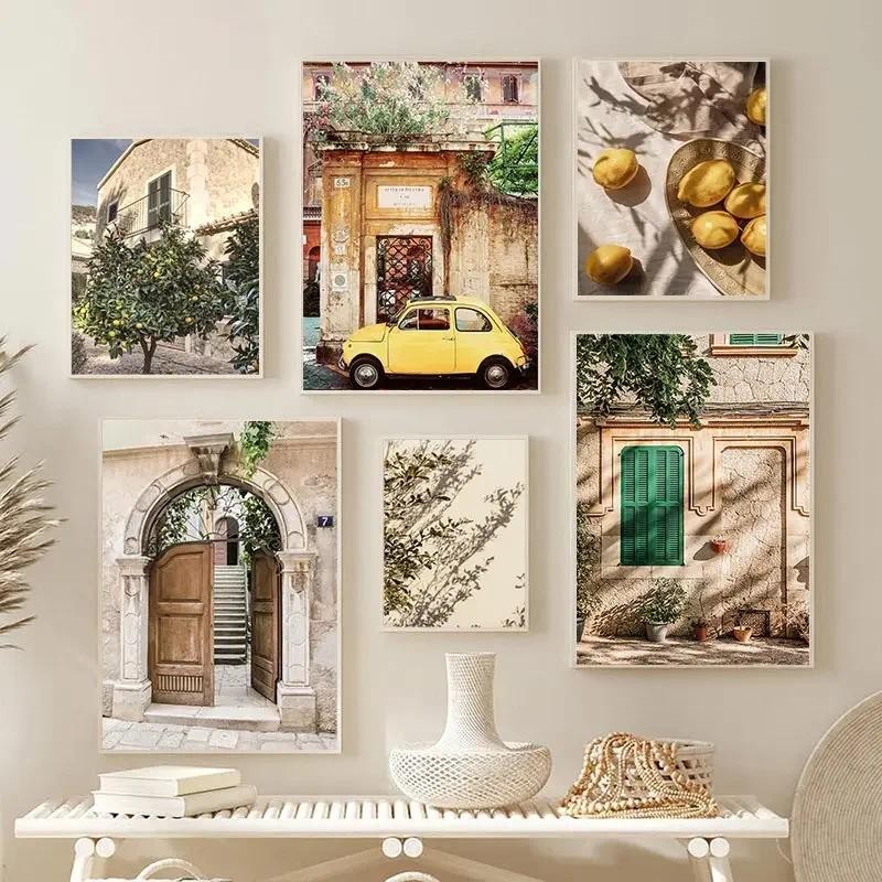 

Autumn Italian Town Garden Landscape Wall Art Lemon Harvest Poster Cars and Plants Canvas Painting Home Living Room Decoration