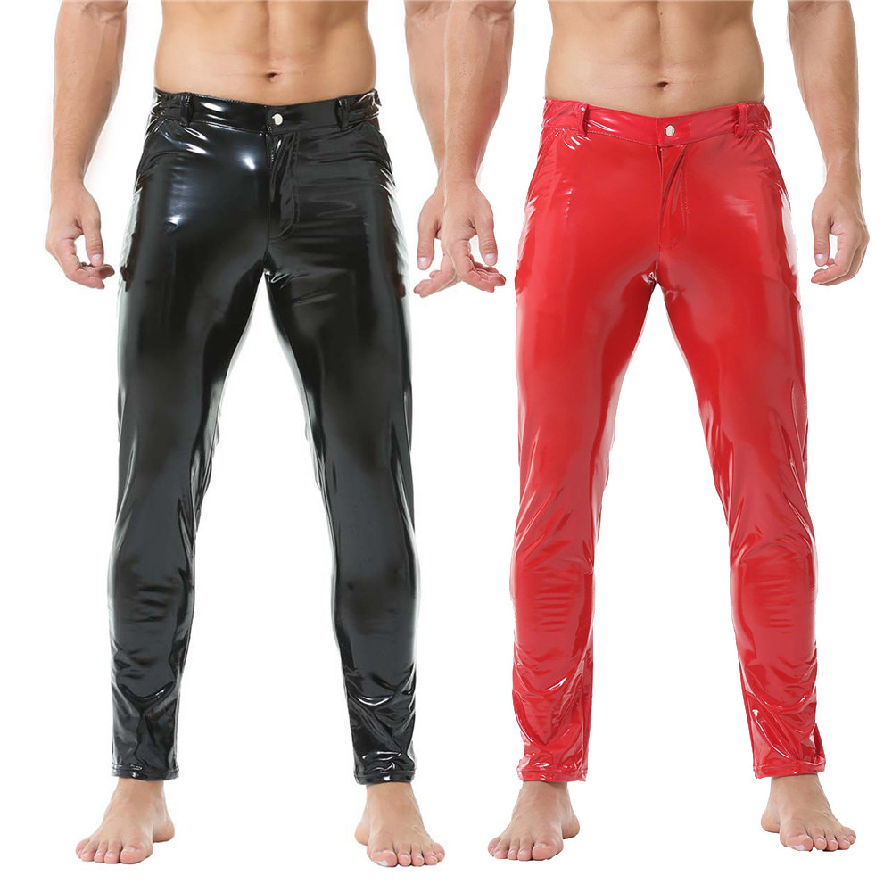Latex Mens Pants Shiny Wet Look PVC Leather Pants Fashion Glossy Slim Straight Trousers for Nightclu