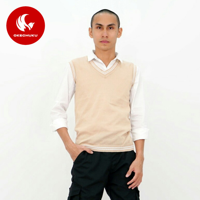 SALE -Okechuku Rompi Rajut Pria Vest Rajut Pria KREM LIST PUTIH Vest Pria - Navy, L