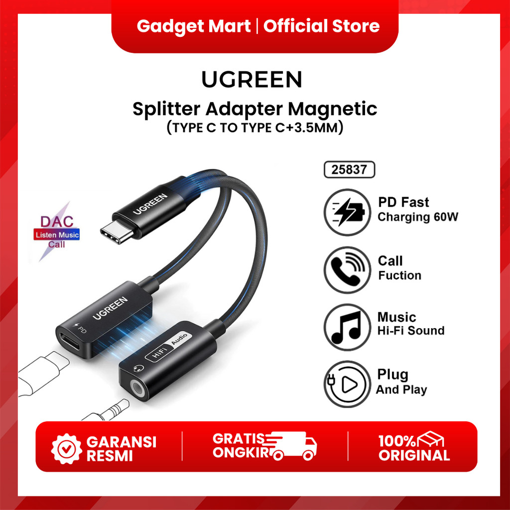 UGREEN Converter Splitter iPhone 15 Type C to Jack 3.5mm DAC Open Mic Fast Charging 25837 - Garansi