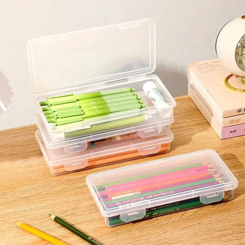 

Buckled Pencil Case Waterproof Stackable Plastic Stationery Pencil Cases Box Simple Clear Student Desktop Storage Box Estuche