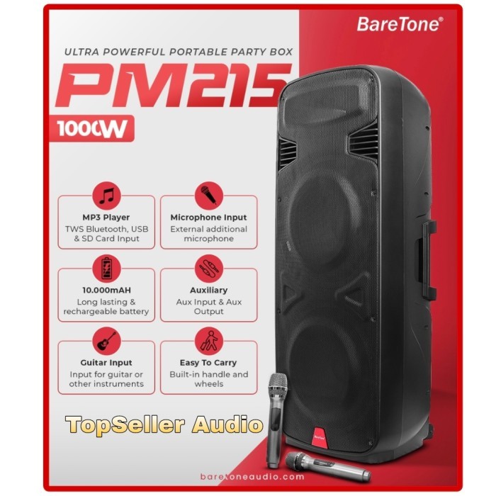 SPEAKER PORTABLE BARETONE PM215 DOUBLE ORIGINAL 1000WATT USB BLUETOOTH