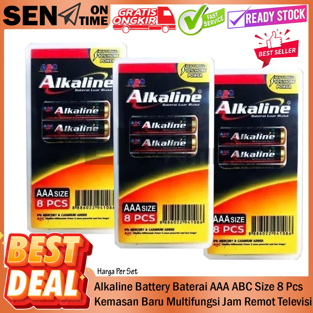 Alkaline AAA A3 Baterai Batre Batrai Battery Bateray Alkalin ABC isi 8 Pcs Batu Baterei Jam Dinding 