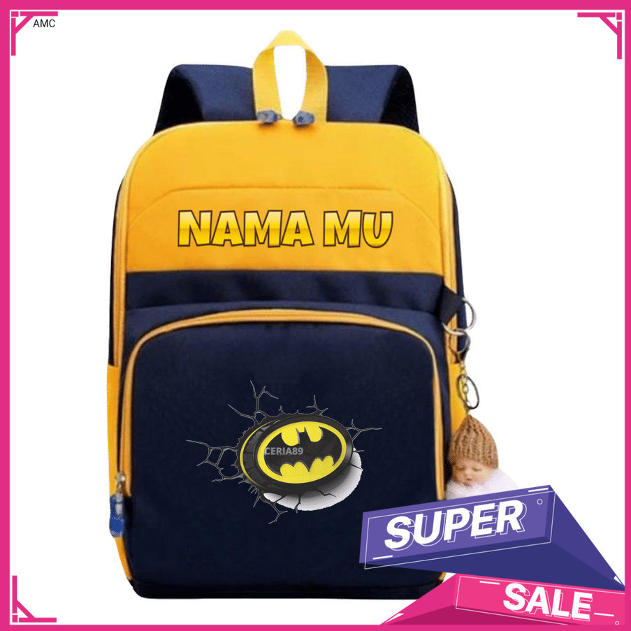 AMC Tas Ransel Anak Betmen – Backpack TK SD Tema Superhero Batman, Motif Logo Kelelawar Hitam Kuning