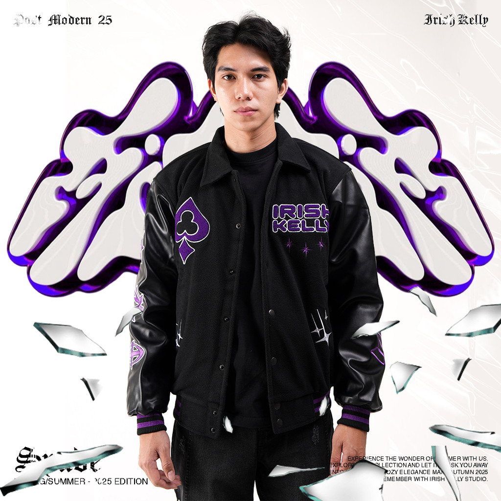IRISH KELLY Indigo Purple Black Varsity Jacket Ungu