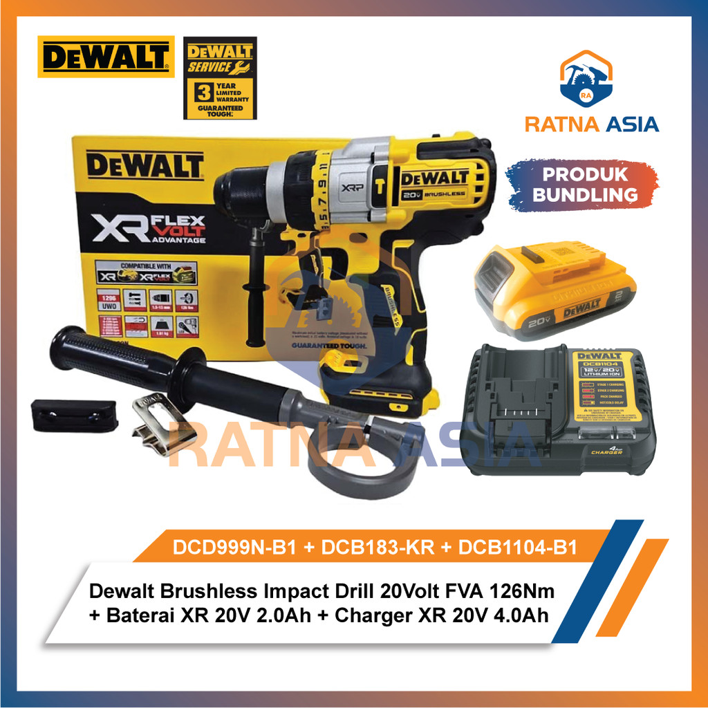 Dewalt DCD999N Brushless Impact Drill 20Volt Max FVA 126Nm DCD999N-B1 + Baterai XR 20V 2.0Ah DCB183-