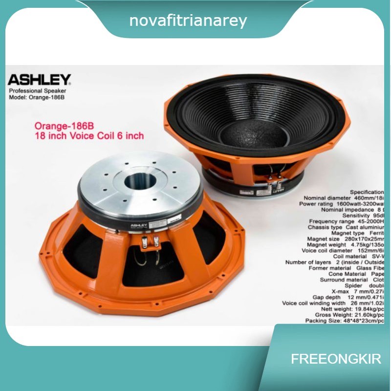 Speaker 18 Inch Ashley Orange 186B spul 6 inch Original