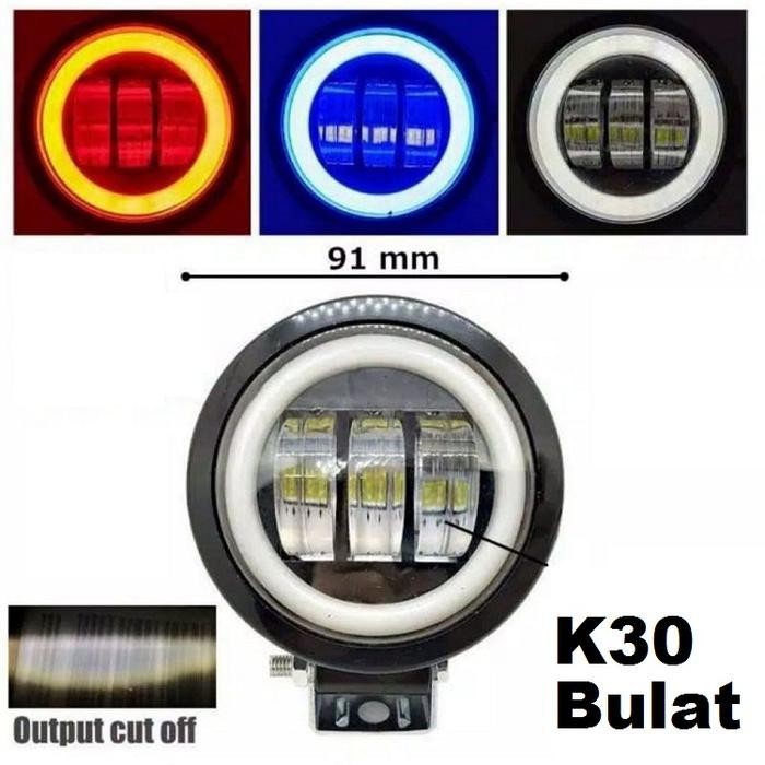 Lampu Tembak Sorot LED K30 3 Mata 30 Watt Bulat Kotak CWL Mobil Motor Car - K30 Bulat, Ring Biru