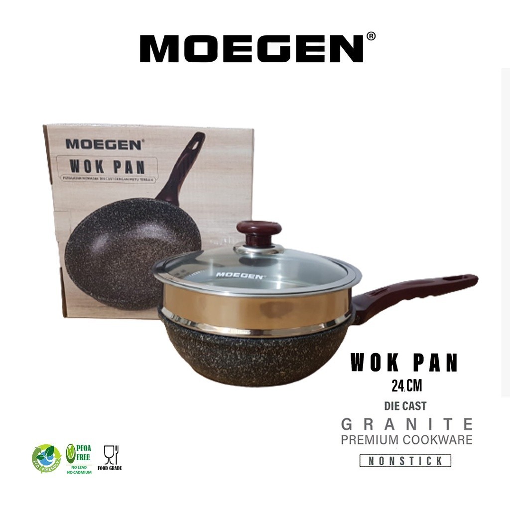 MOEGEN Wok Pan 24cm Granite Plus Steamer / Kukusan Anti Lengket