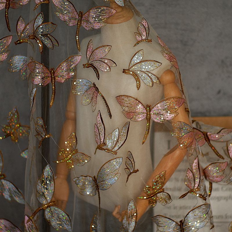 

1 Yard Sequins Embroidered Butterfly Dragonfly Lace Fabric for Dress,Diy Tissue Patchwork Sewing Material 150CM Wide
