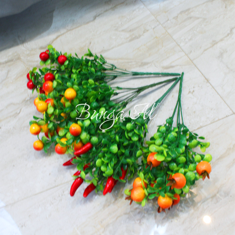 tanaman palsu daun plastik buah 5 cabang buah ceri cabai jeruk delima hiasan dekorasi rumah tanaman 