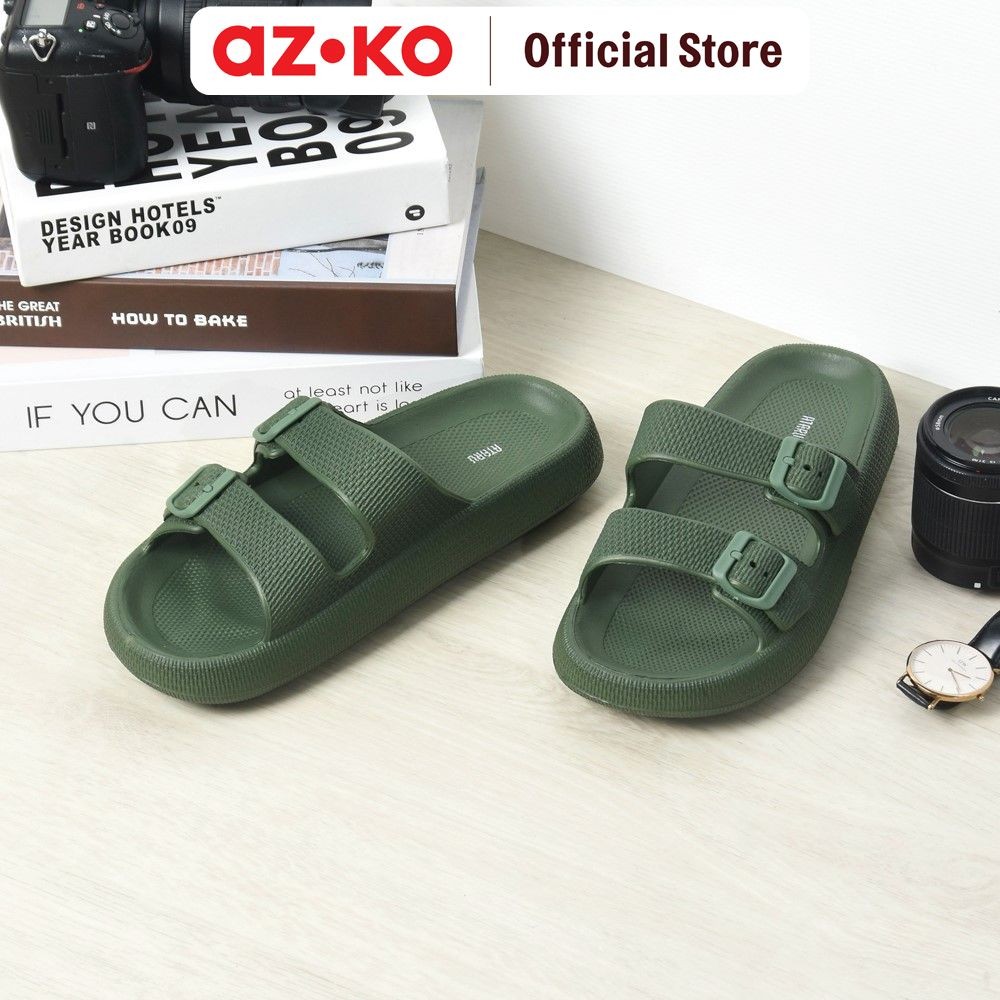AZKO Ataru Ukuran 44/45 Sandal Double Strap Thick Slides - Hijau Slipper Sendal Kasual Alas Kaki Sty