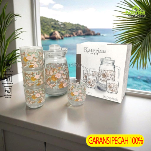 MMS Drink Set KATERINA Pitcher Set Teko/Gelas Beranak Teko/Gelas Aesthetic 5Pcs SerbaGuna Motif Kupu