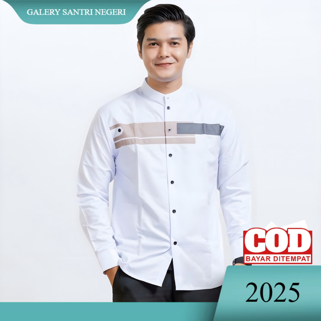 Baju Koko Pria Dewasa Lengan Panjang Slim Fit Warna Putih Motif Yordan