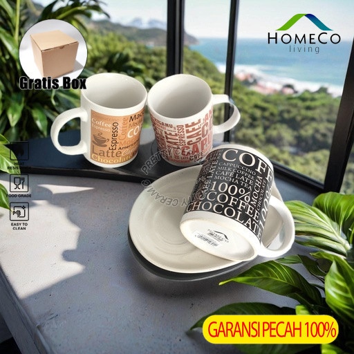 Gelas/Mug 11oZ MACHIATO CAPUCINO HOMECO 1SET Cangkir Keramik 325ml Dan Piring Oval Keramik Roti 22cm