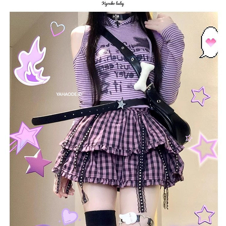 YAHAO-Kaos Ungu Y2k Desain Milenial Lucu Cewek Atasan Bergaris Lengan Panjang Serbaguna