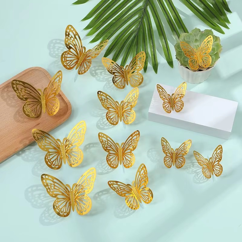

Unik 12Pcs Sticker Butterfly 3D Kupu-Kupu Dekorasi Dinding Aesthetic Emas Warna-Warni Kupu-Kupu