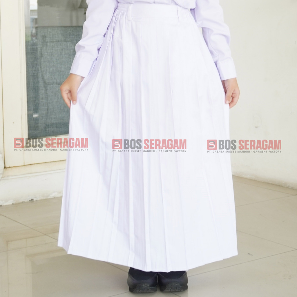 BOS SERAGAM Rok Putih Panjang Rempel Perempuan Lipit Atas Merah Plisket