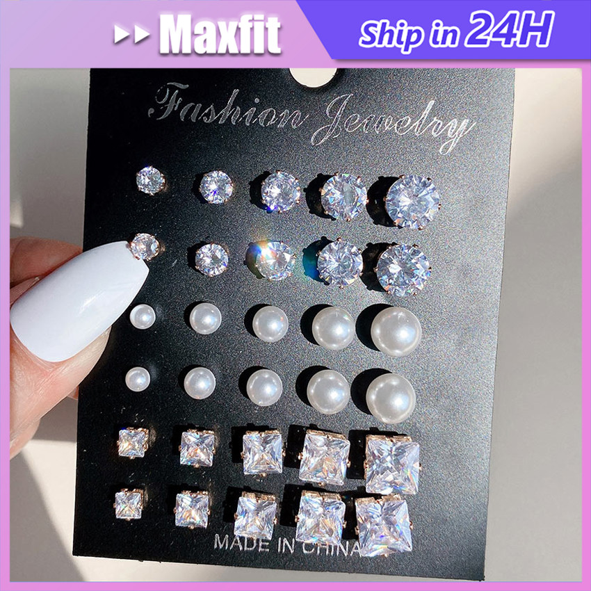 12 Pasang Anting Set / Anting Giwang Titanium Wanita Model Berlian Blink Blink Mutiara / Anting Tusu