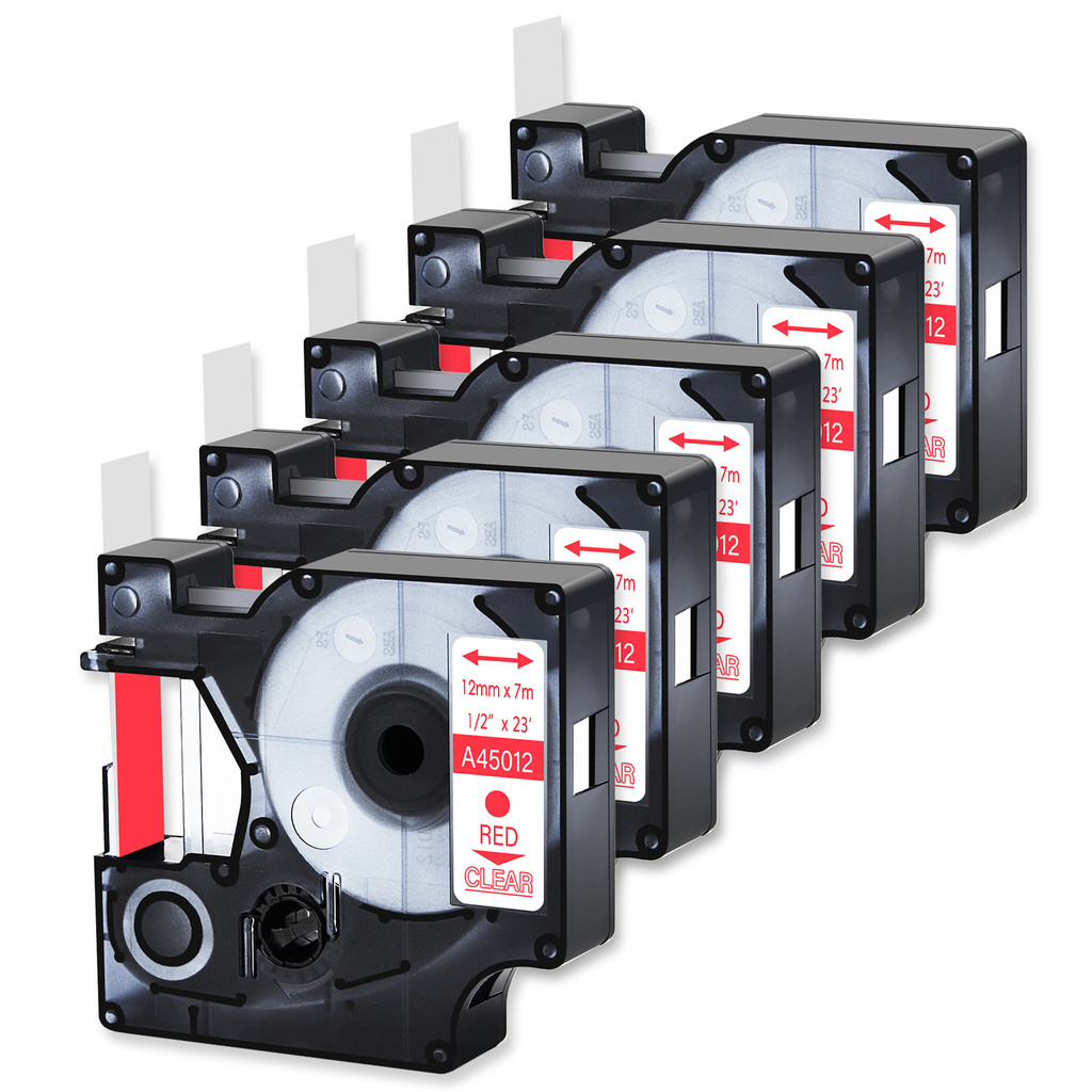 

5Pcs Red on Clear Standard Laminated Tape Labels Compatible for Dymo D1 45012 Label 12mm for Label Writer Duo 3M PL100 Printers