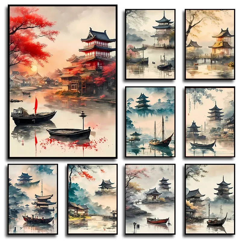 

Chinese Ink Landscape Canvas Print Zen Mountain Temple River Scroll Wall Art Vintage Asian Painting Living Room Meditation Decor