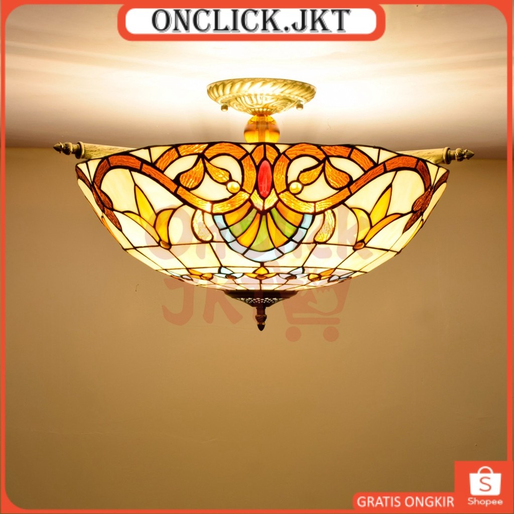 Lampu Plafon Tiffany 55CM Kaca Patri LED Gaya Barok Warna Warni Artistik untuk Ruang Tamu dan Kamar