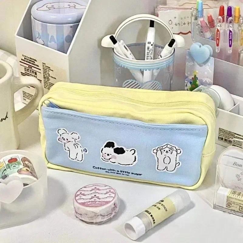 

1PC Ins Cute Cream Yellow Blue Cartoon Three Puppy Pencil Case Large Capacity Stationery Storage Bag Back To School Supplies
