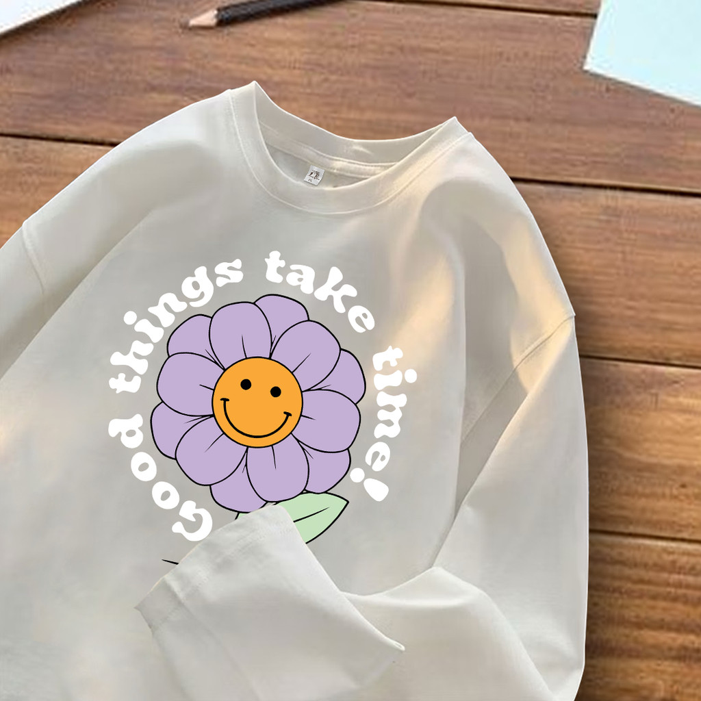 Tshirt Kaos Lengan Panjang Oversize Wanita Gambar Bunga Matahari Bahan 100% Cotton