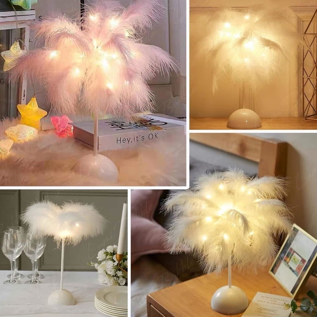 Lampu Meja Aesthetic LED Lampu Hias Kamar Tidur Lampu Hias Ulang Tahun Romantis Lampu Bulu Angsa