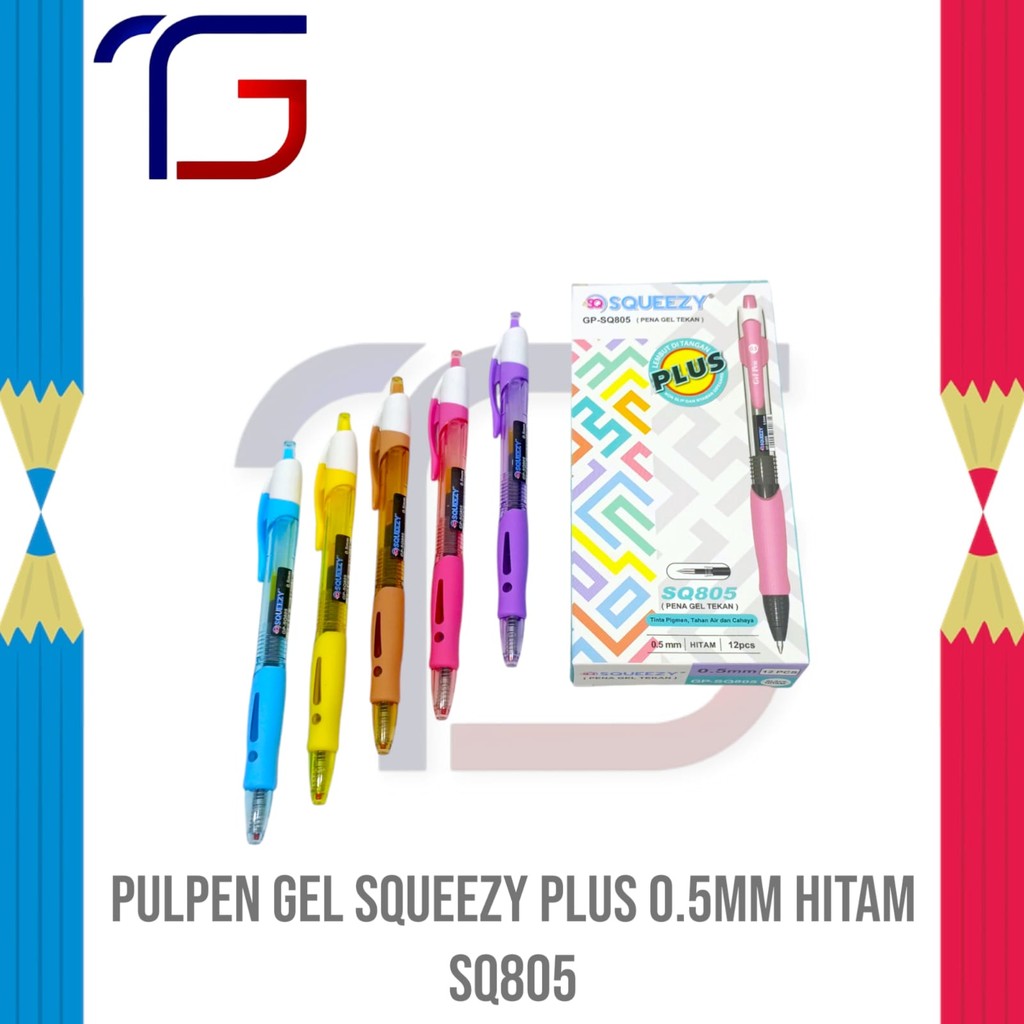 

Pulpen Gel Squeezy Plus 0.5mm Hitam SQ805 motif warna warni