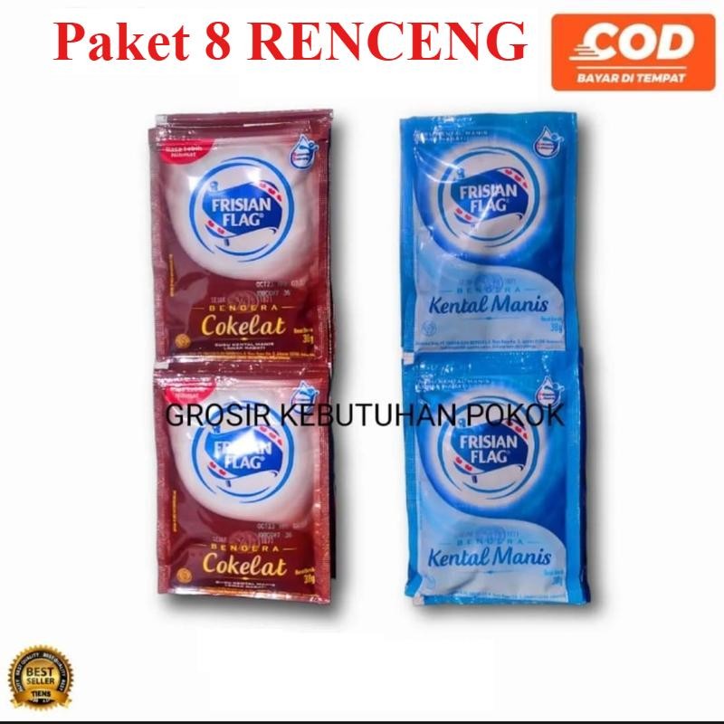 

Paket ( 8 Renceng ) Frisian Flag Susu Kental Manis bendera 38g / 1 renceng isi 6 sachet putih / coklat