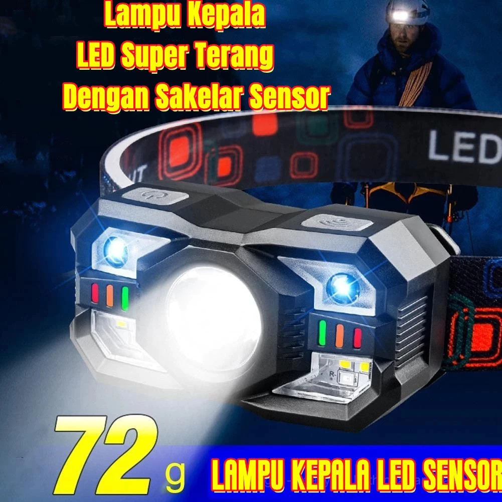 Lampu Kepala LED Super Terang dengan Sakelar Sensor Senter Berkemah Senter Kepala Super Terang