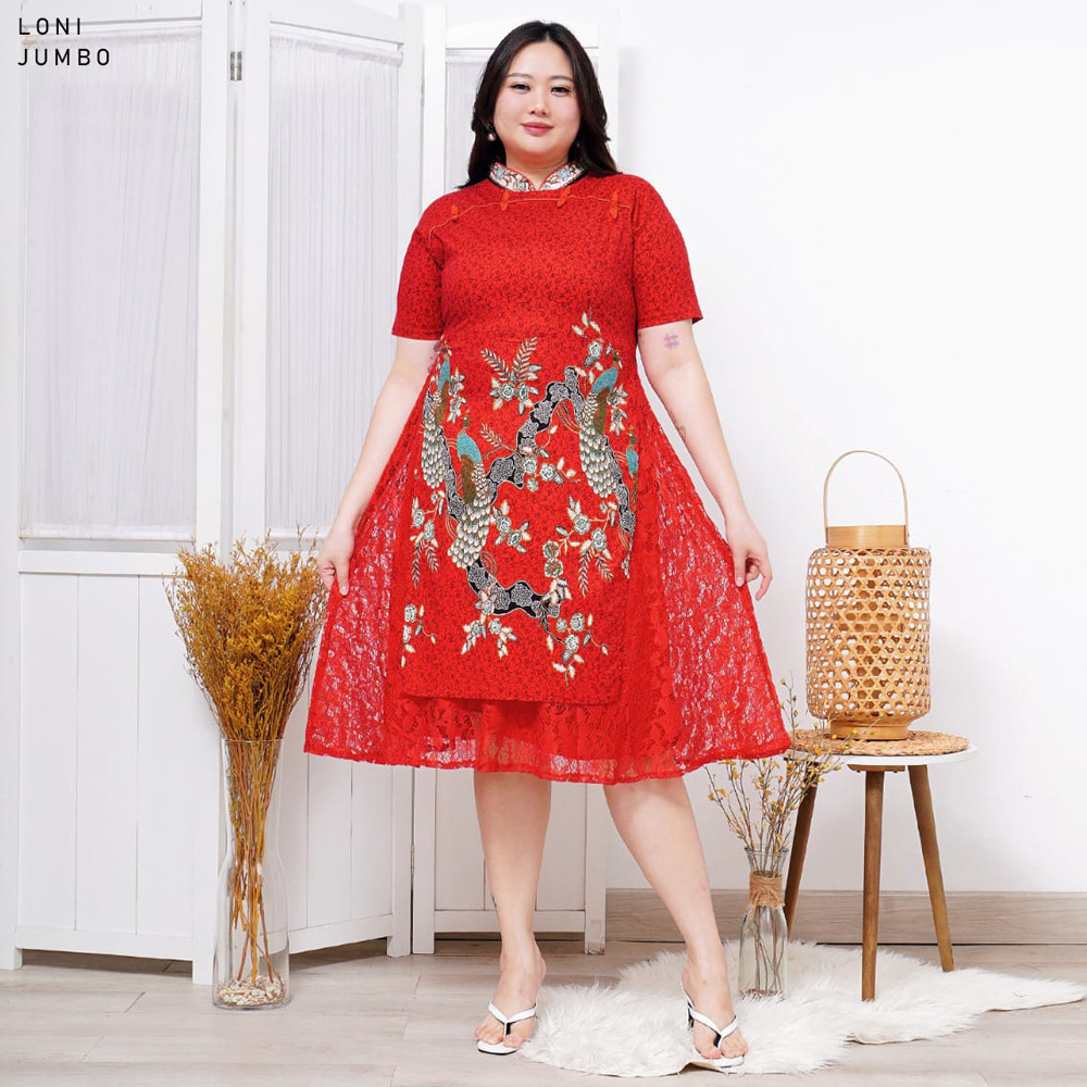Evercloth Loni Dress Wanita Batik Couple Modern Dress Batik Modern Gaun Pesta Merah