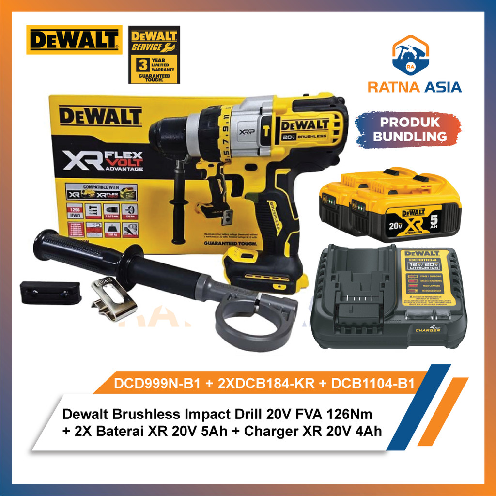 Dewalt DCD999N Brushless Impact Drill 20Volt Max FVA 126Nm DCD999N-B1 + 2x Baterai XR 20V 5.0Ah DCB1