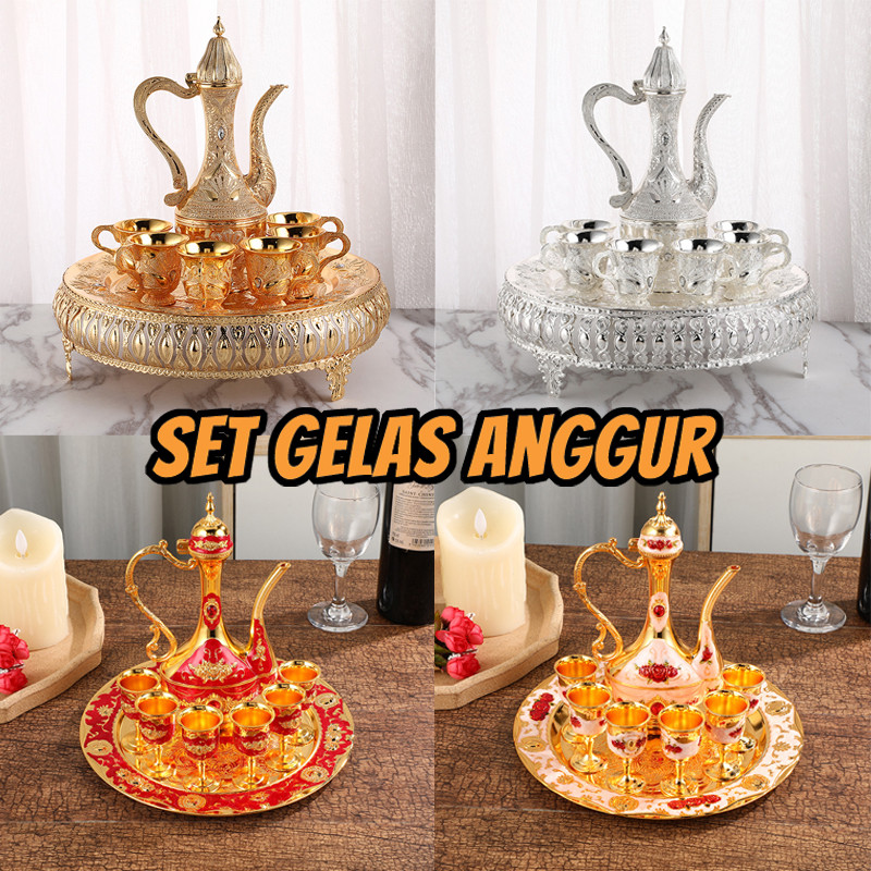 8Pcs Teko Arab Aladin Set/Ornament/Set Gelas Anggur Emas Antik Teko Arab Aladin Gold Kendi Gelas Ang
