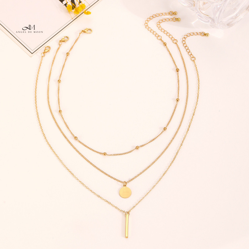 Kalung Rantai 3 Layer Liontin Persegi Bulat Necklace Alloy Paduan