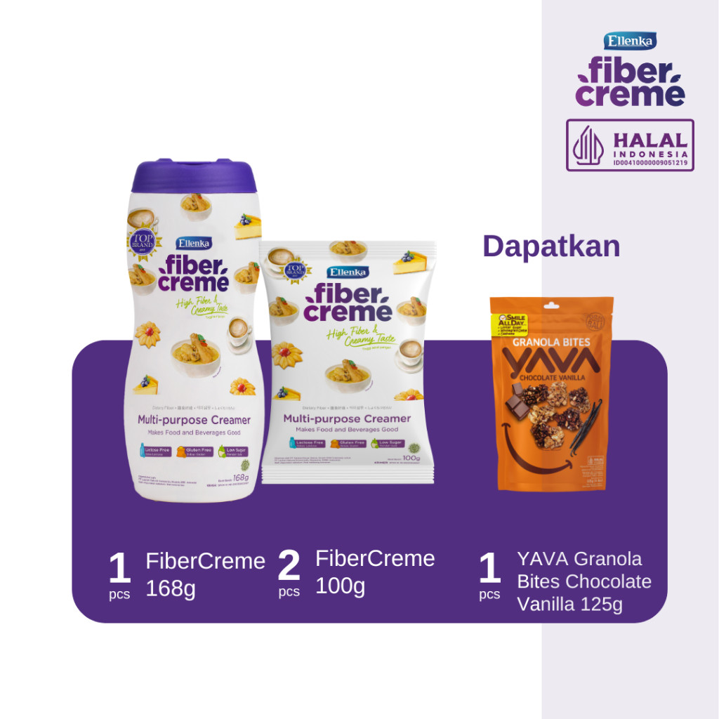 

New [Package Bundle FiberCreme x YAVA Granola] Fibercreme 168 gr + FiberCreme 100 gr 2 pcs Free YAVA Granola Bites Chocolate Vanilla 125gPremium