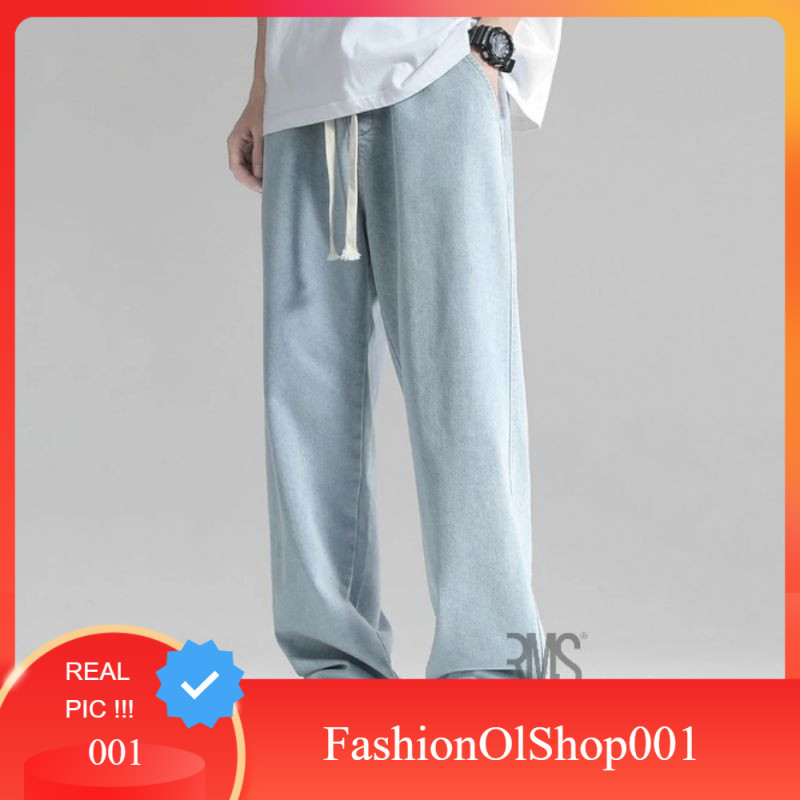 Baggy Jeans Korean Style Pria Celana Panjang Pria Pinggang Karet Korean Style Straight Jeans Santai 