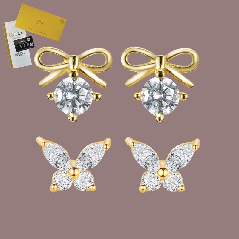 Termasuk Sertifikat GRA S925 Perak Moissanite Anting Pejantan Kupu-kupu Kecil Yang Indah Mini 18K An