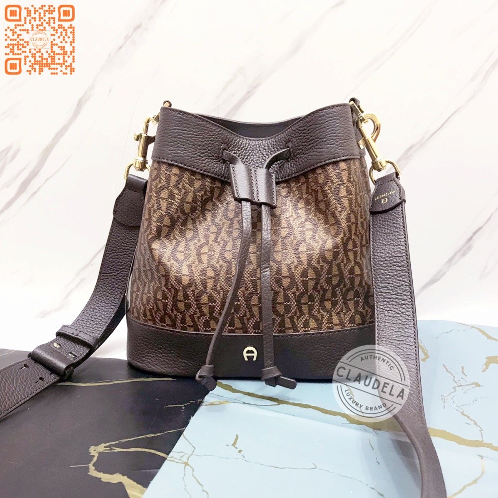 Aigner Ilona Fango Drawstring Bucket Bag in Signature Brown