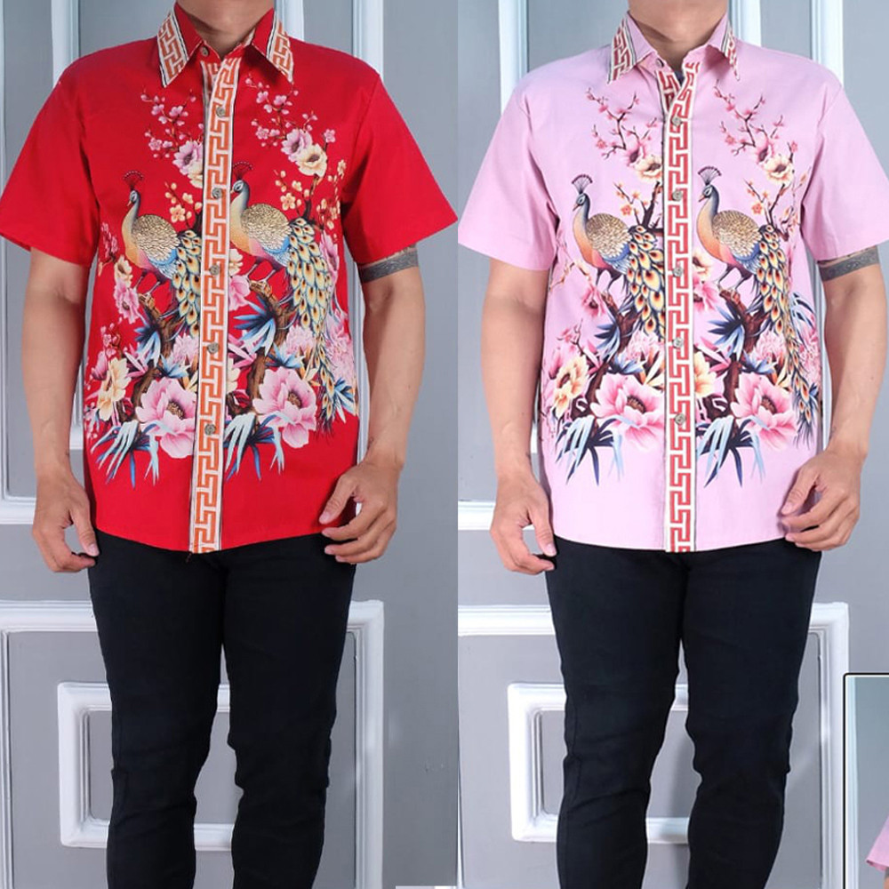 Evercloth Irwan Red Man Kemeja Batik Pria Lengan Pendek Merah Batik Couplee Natal