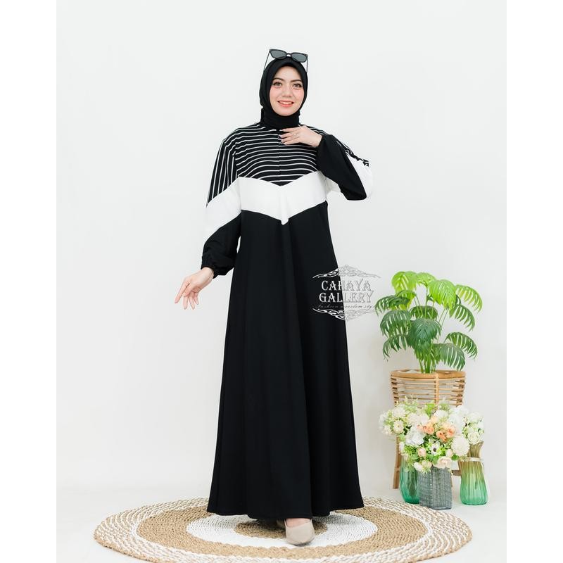Cahaya Gallery  - Busui Maxi Dress Moana Knit Terbaru Motif Kombinasi Salur Strip Polos Gamis Tangan