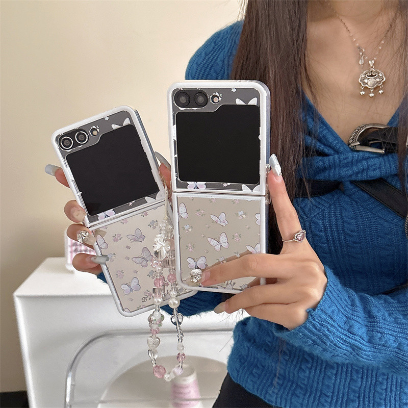 Cute Cartoon Butterflies Mirror Make Up Phone Casing Samsung Galaxy Z Flip 6 Z Flip 5 Z Flip 4 Z Fli