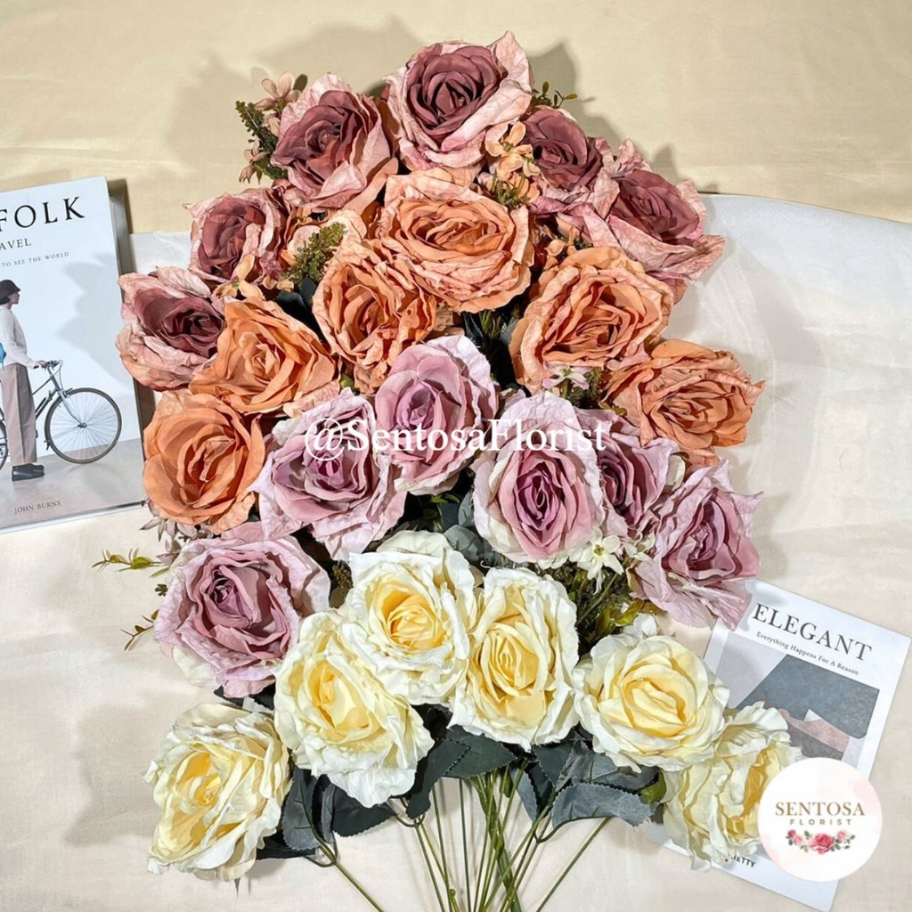 Bunga Mawar Mekar Serat Jumbo Premium Bunga Dekorasi Rustic Bunga Hiasan Backdrop Pelaminan (KN-2)