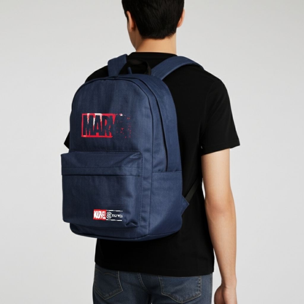 Tas Ransel Pria Denim Jeans Motif Exciteds Marvel Avenger Backpack Sekolah Denim Blue Jeans