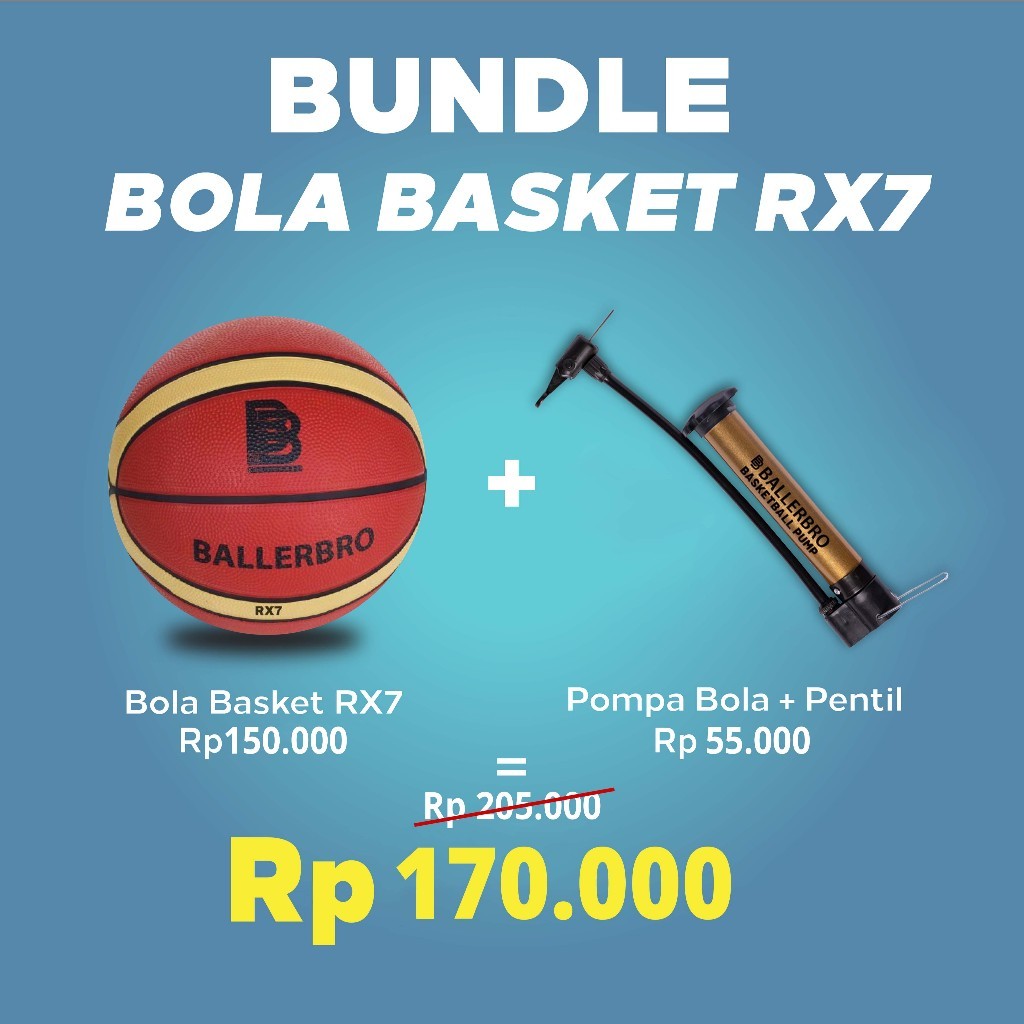 [PREMIUM ORIGINAL] BUNDLE Bola Basket RX7 (Rubber) + Pompa Bola BALLERBRO