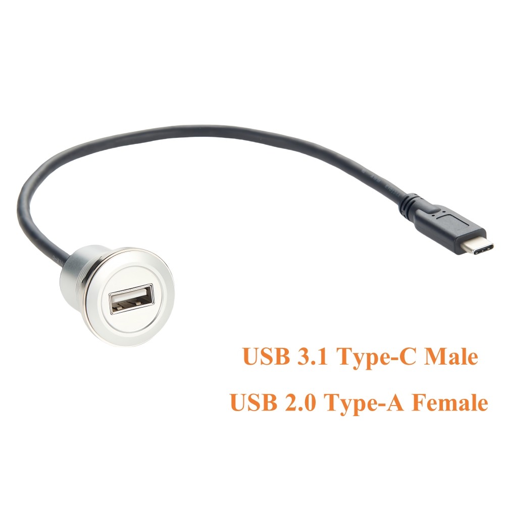 USB 3.1 Type-C Male to USB 2.0 A Female Flush Panel Mount Cable Threaded Type-A to USB C Extension C