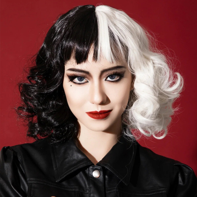 Festive synthetic new wig Wit  Cruella cos female half black half white short roll high temperature 