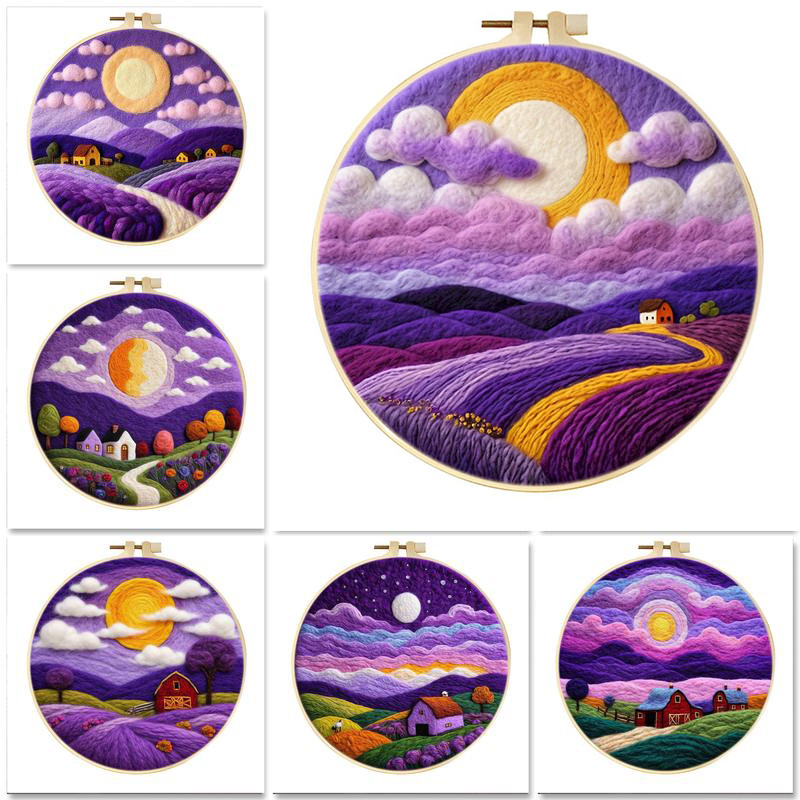 

Creative Felting Painting For Beginner DIY Wool Embroidery Kit Purple Scenery Wool Needle Felt Picture Kit Craft Painting Gift