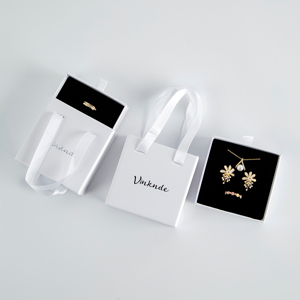 

Custom Logo White Luxury Small Sliding Drawer Gift Perfume Paper Shopping Bag For Jewelry Bracelet Box With Satin Ribbon Handle